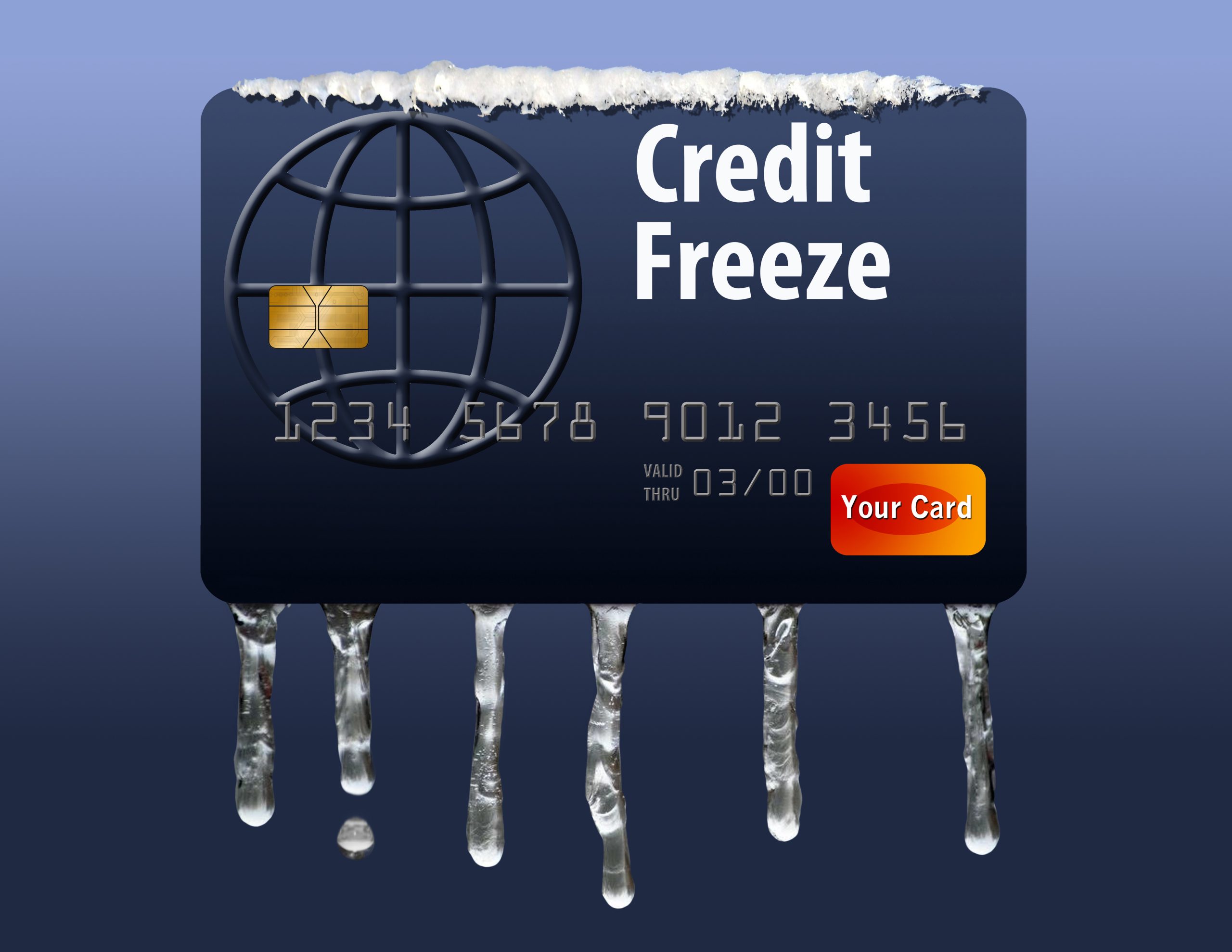 Credit freeze on your credit reports is represented by this illustration of a snow capped credit card with icicles