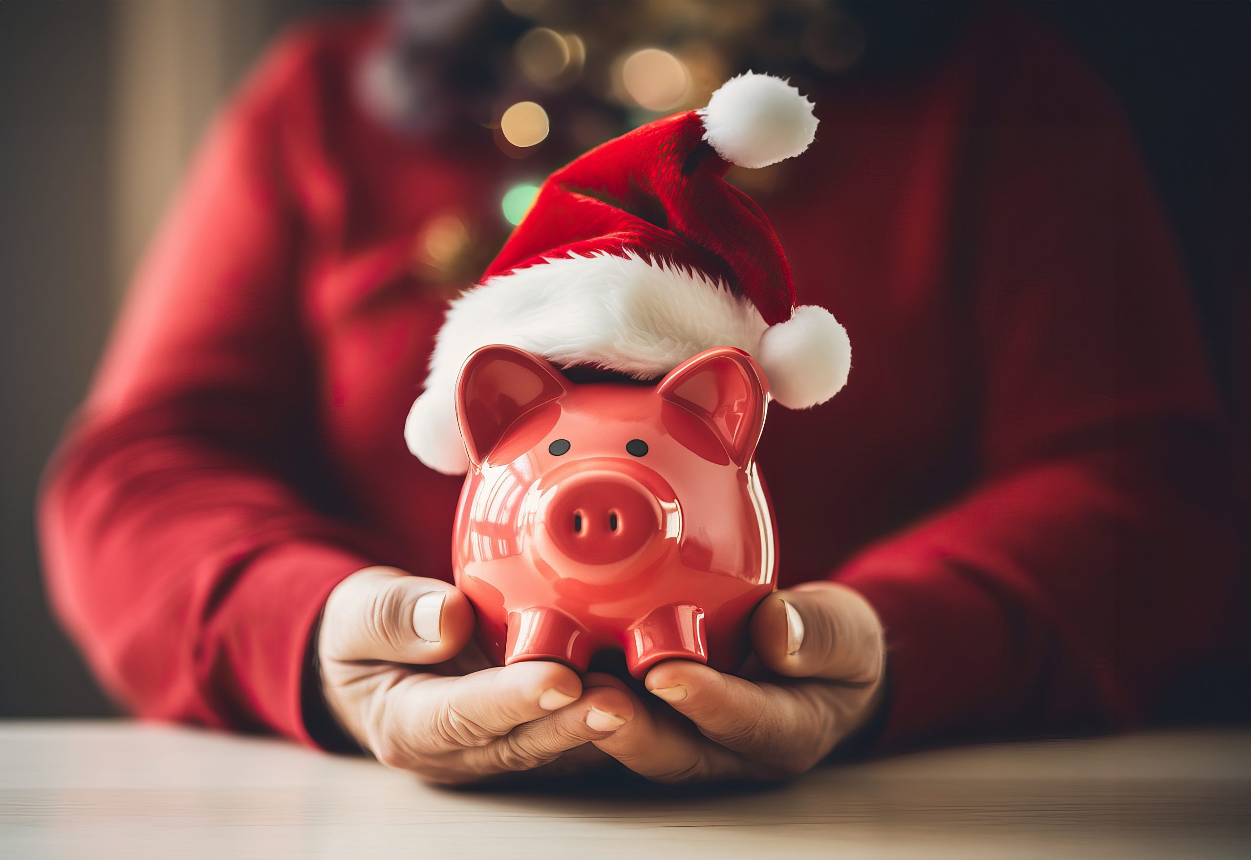 A person in a Santa hat holding a piggy bank, spreading holiday cheer and saving for the season