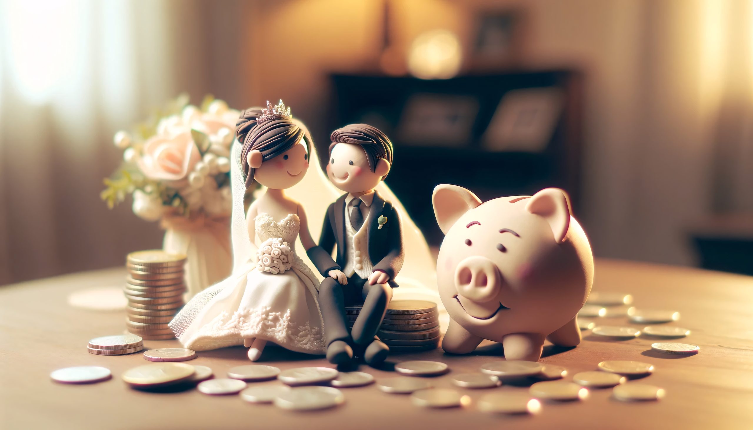 Animation of bride and groom with piggy bank