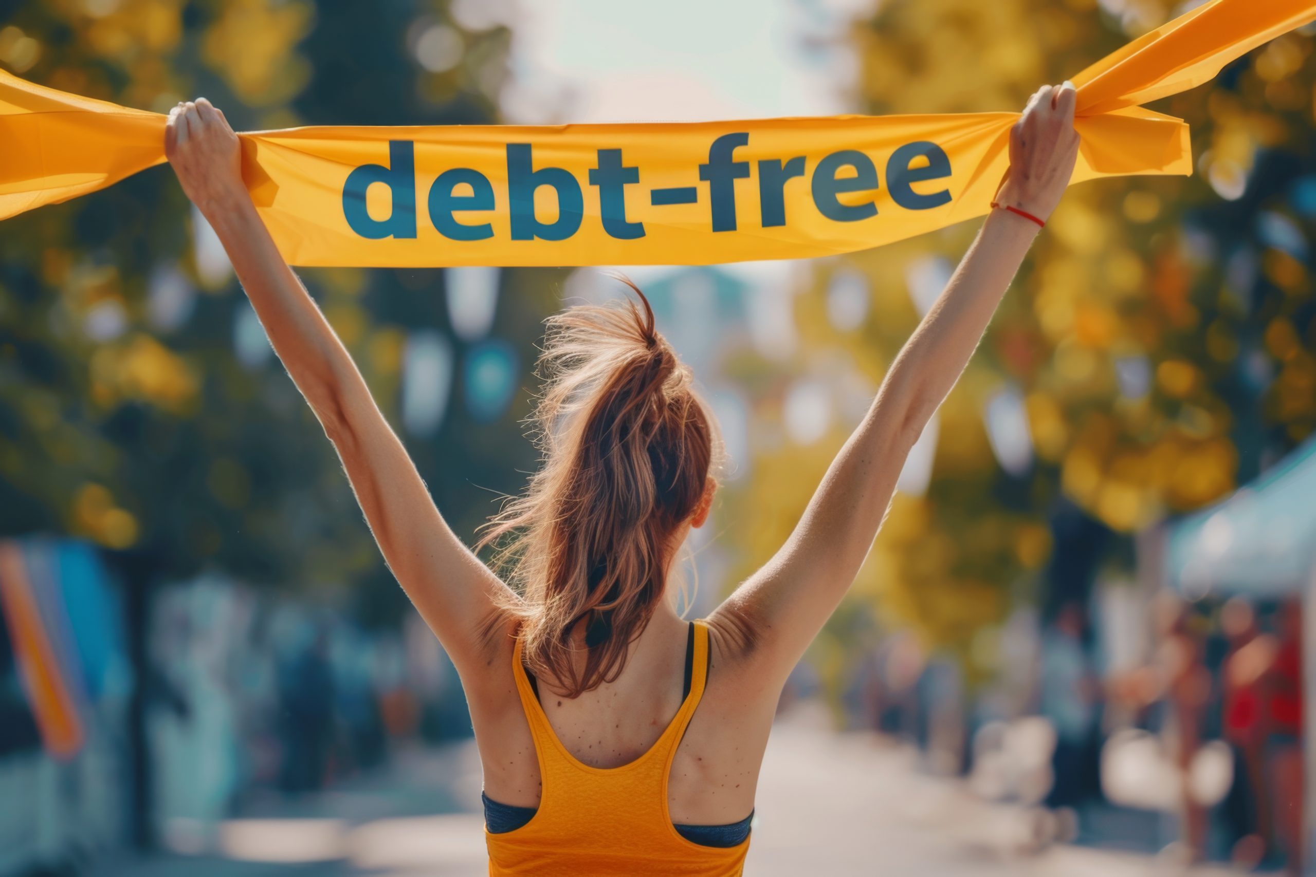 A person crossing the finish line of a race with "debt-free" as the ultimate goal.