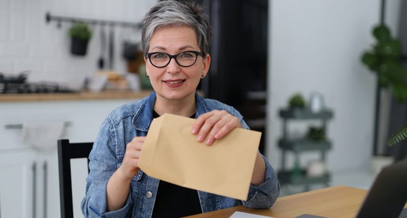 woman holding a postal envelope with mail, financial report.