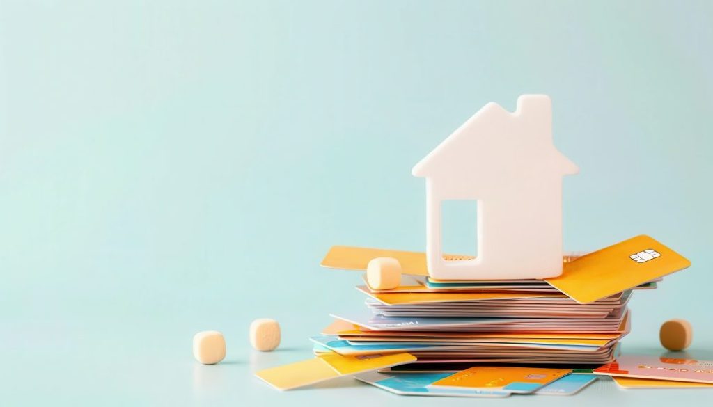 House model on top of a stack of credit cards, symbolizing homeownership, finance, and real estate.