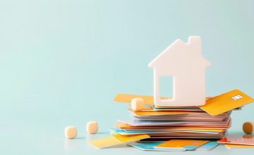 House model on top of a stack of credit cards, symbolizing homeownership, finance, and real estate.