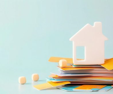 House model on top of a stack of credit cards, symbolizing homeownership, finance, and real estate.