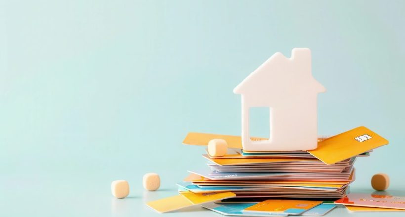 House model on top of a stack of credit cards, symbolizing homeownership, finance, and real estate.